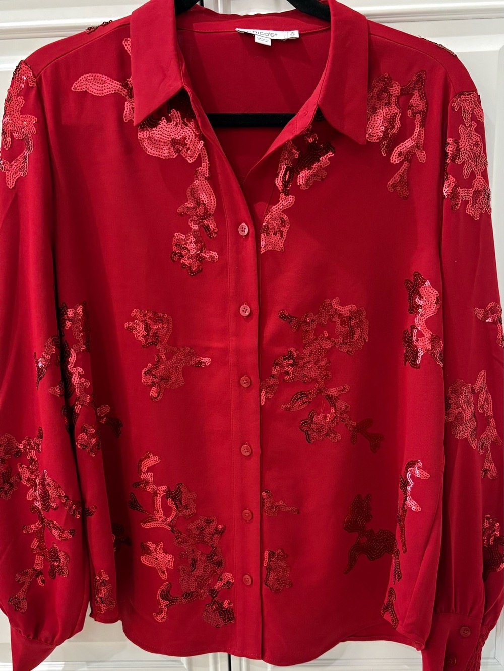 Chico's Red Sequin Embellished Button-Down Blouse